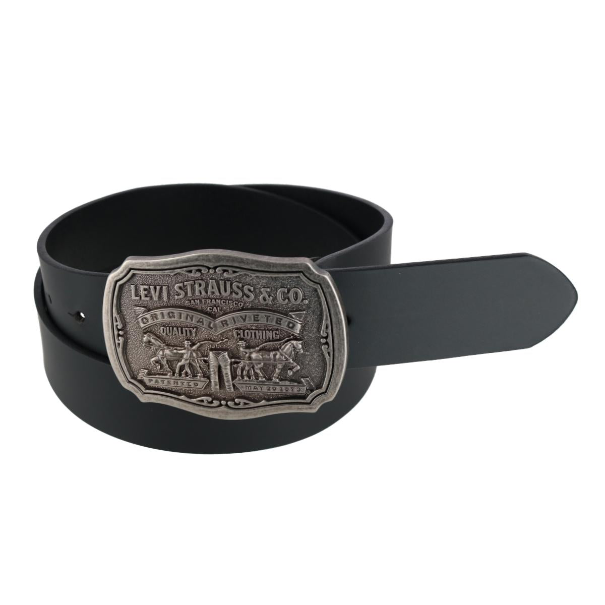 Men's Leather Belt with Removable Antiqued Logo Plaque Buckle by